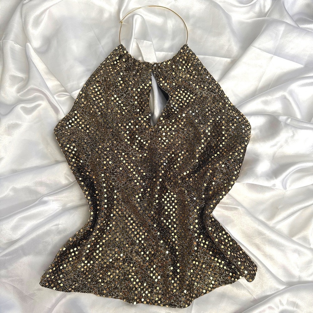 XOXO Vintage Gold Sequin Halter Top Metal Ring Neck Keyhole Metallic Party M